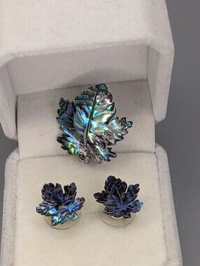Vintage Abalone Leaf Jewelry Set Brooch And Earrings Iridescent 1990s Nature